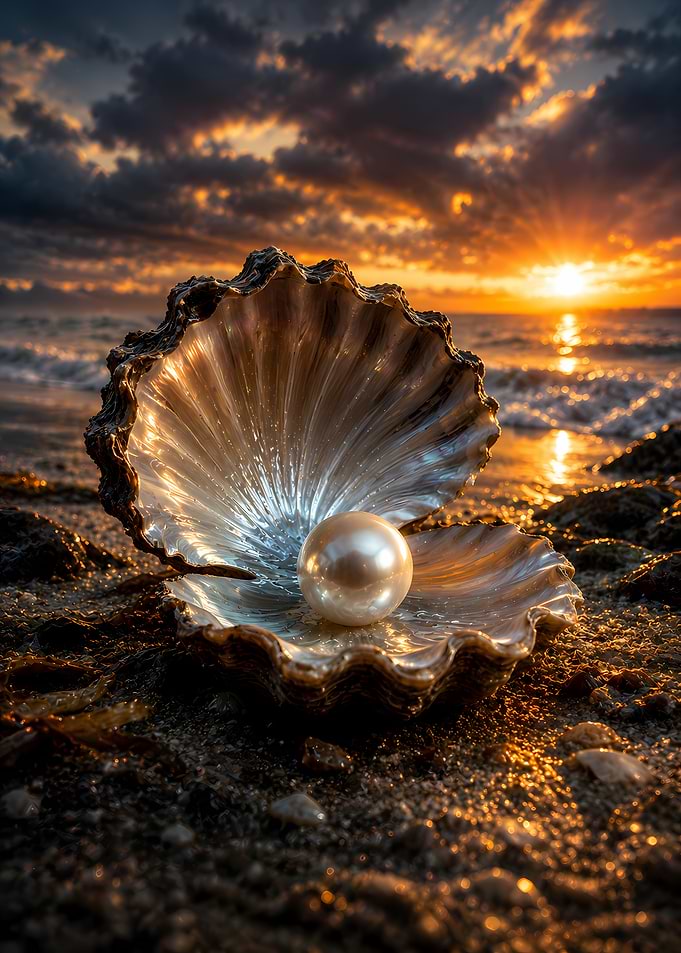 Pearl in Seashell at Sunset