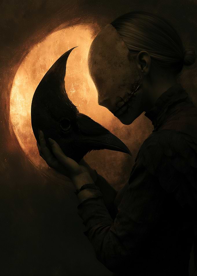 Person holding a crow mask