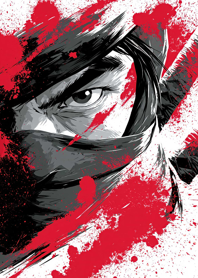 Shadow Ninja – Intense Gaze Ink Splatter Portrait