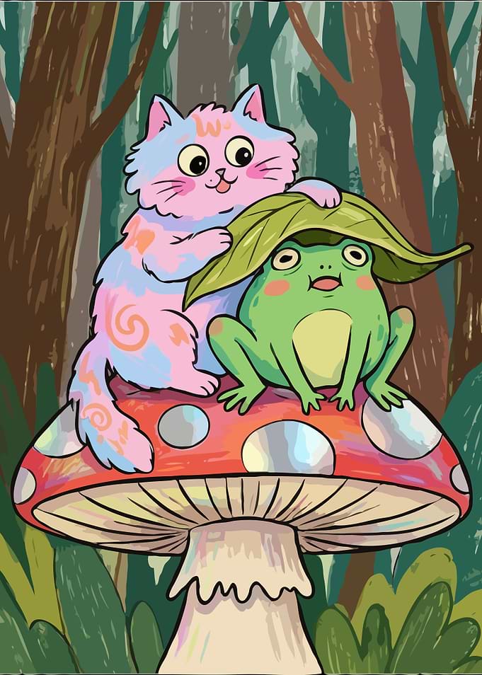 Cute Cat and Frog on Mushroom