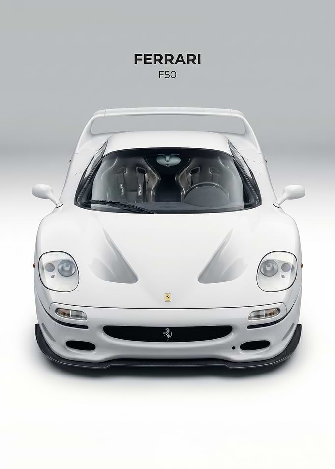 sleek white Ferrari F50 Front View car poster