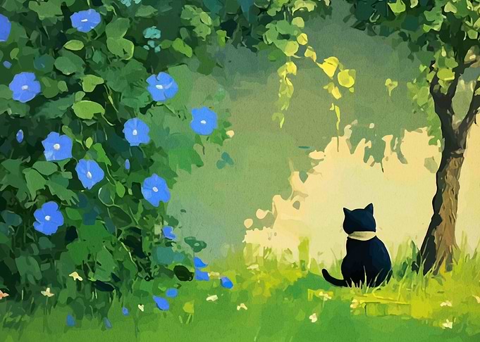 Black cat in a garden