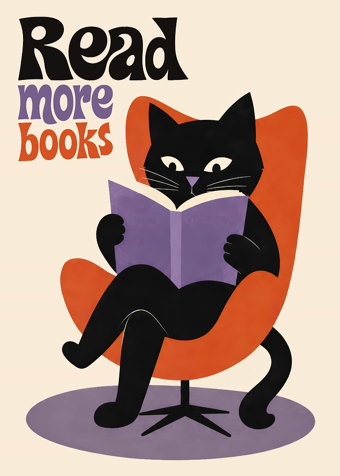 Black cat reading a book