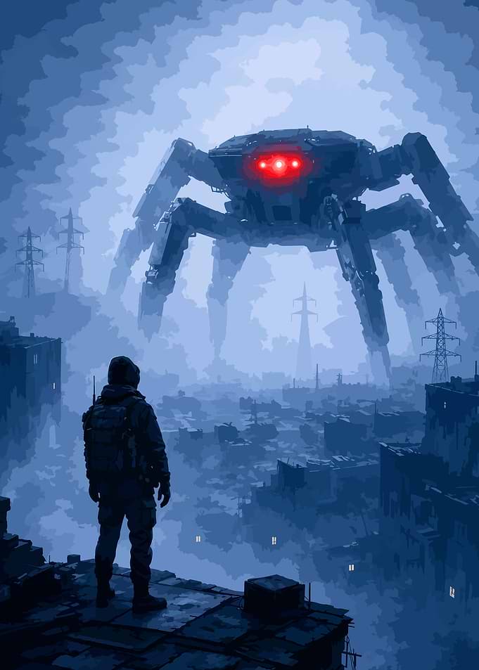 ARC Raidiers Giant Robot Spider Over City