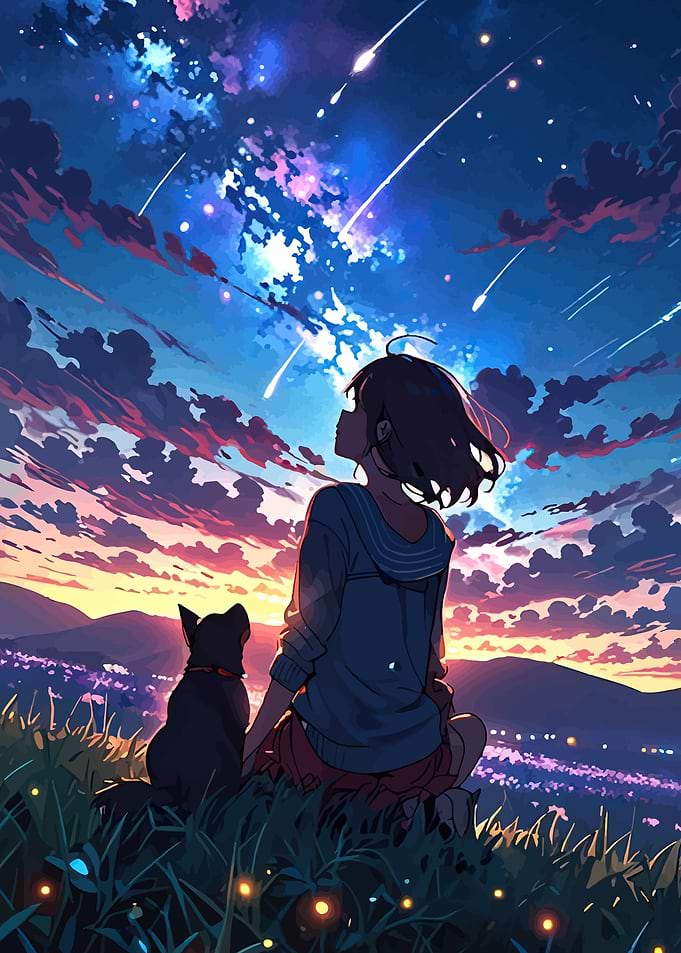 Girl and Dog Watching Meteor Shower