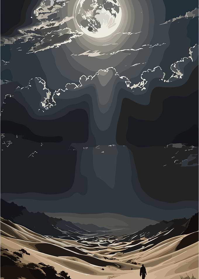 Lone figure walks through desert under moonlit sky