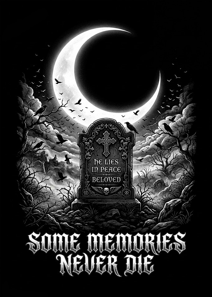 Gothic Cemetery Scene with Crescent Moon
