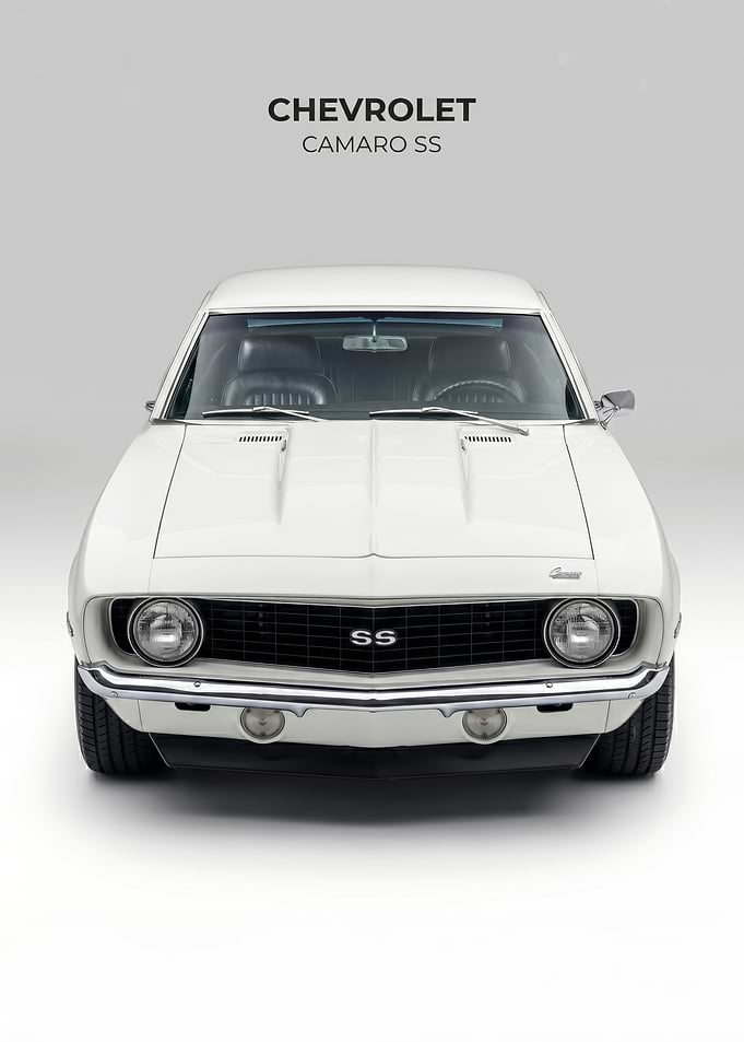 sleek White classic old Camaro SS Front car poster