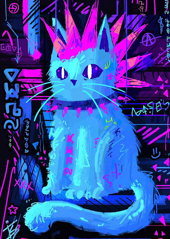 Cyberpunk Cat with Pink Mohawk