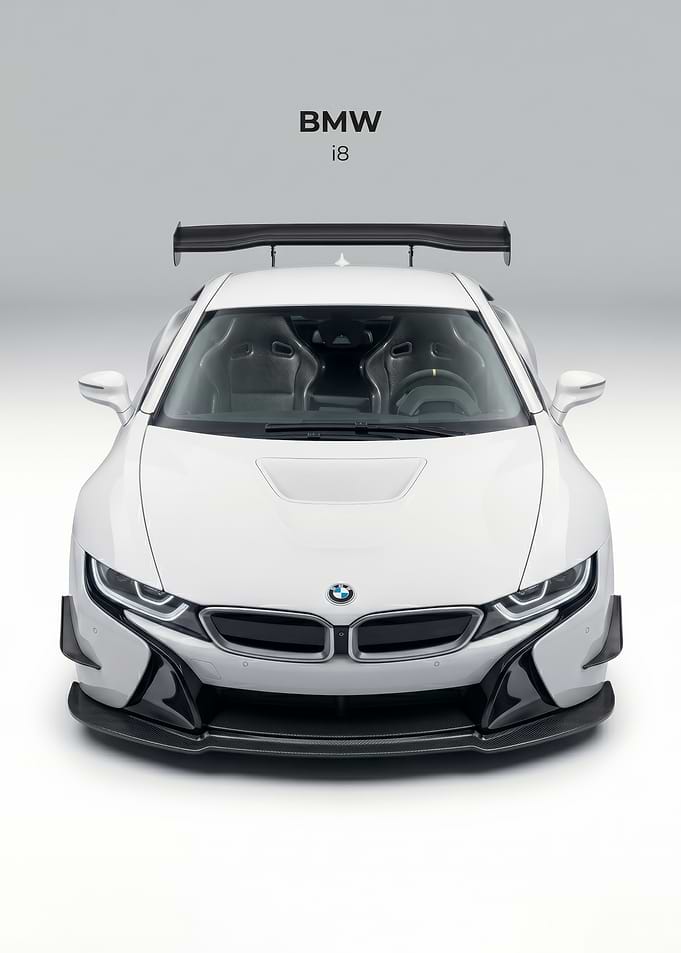 sleek white BMW i8 with racing modifications poster