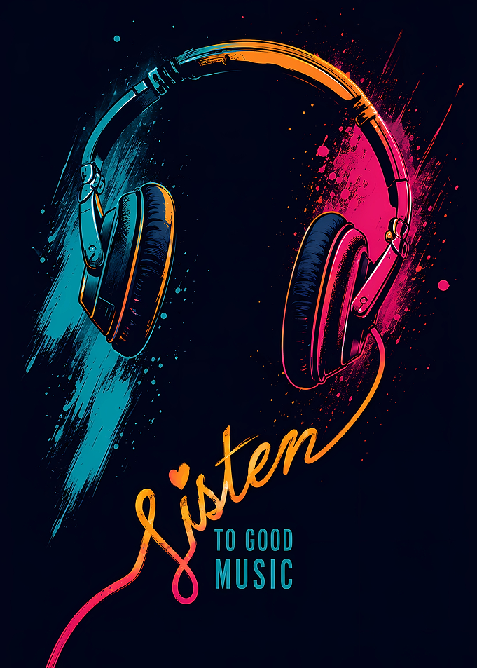 Headphones with 'Listen to Good Music' text