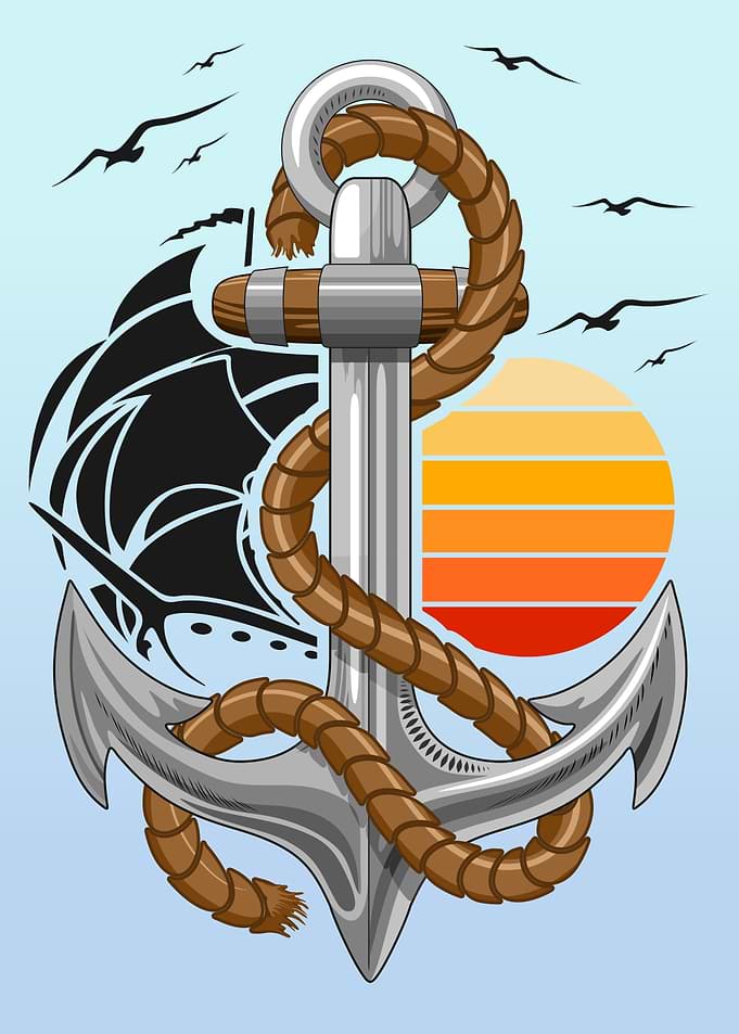 Nautical Anchor with Ship and Sunset