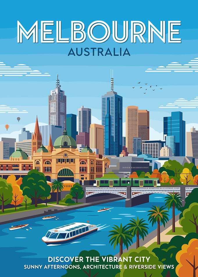 Melbourne Cityscape with River and Boat