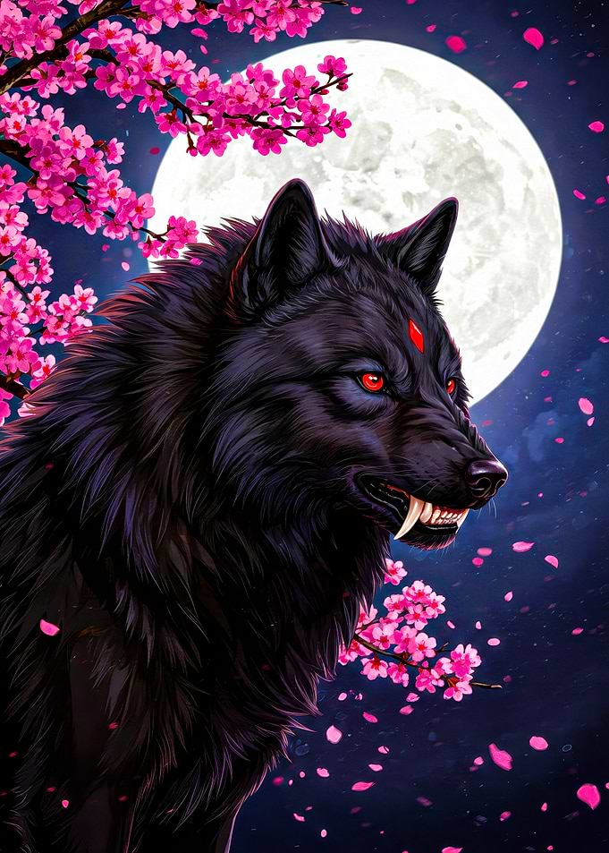 Black Wolf Under Cherry Blossoms