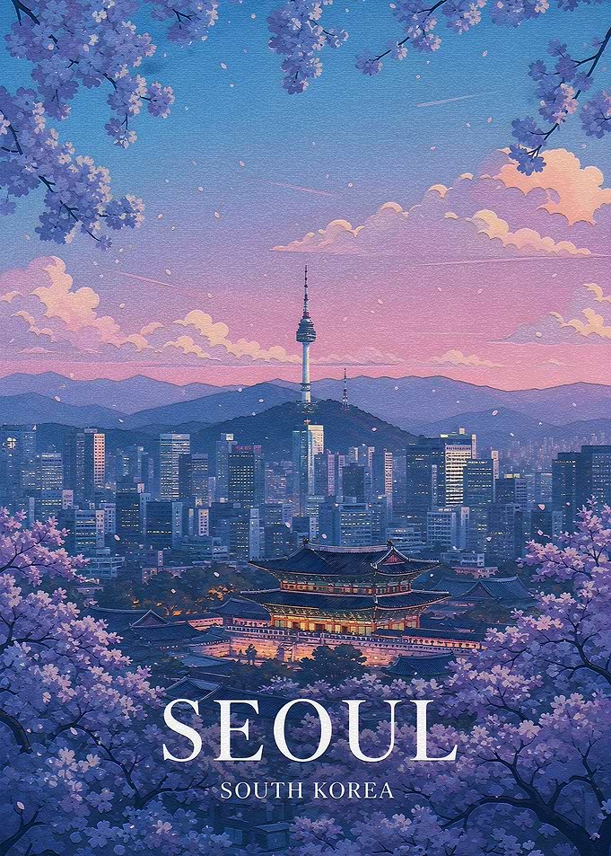 Seoul Cityscape with Cherry Blossoms