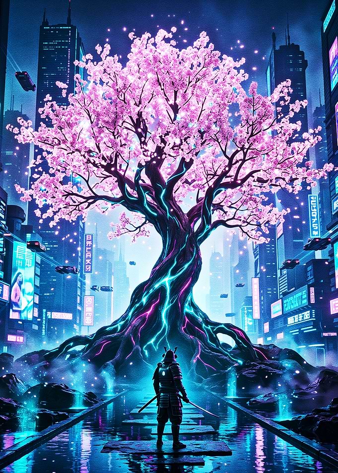 Cyberpunk Warrior Japanese Futuristic Poster