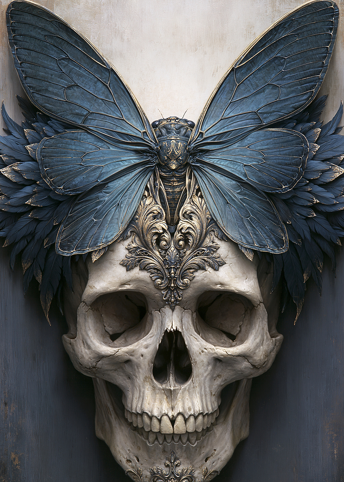 Skull with Butterfly Wings and Ornate Decor