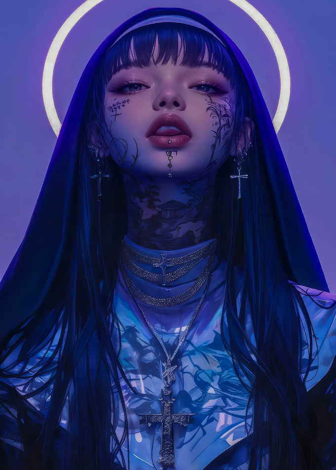 Gothic Nun with Tattoos and Halo