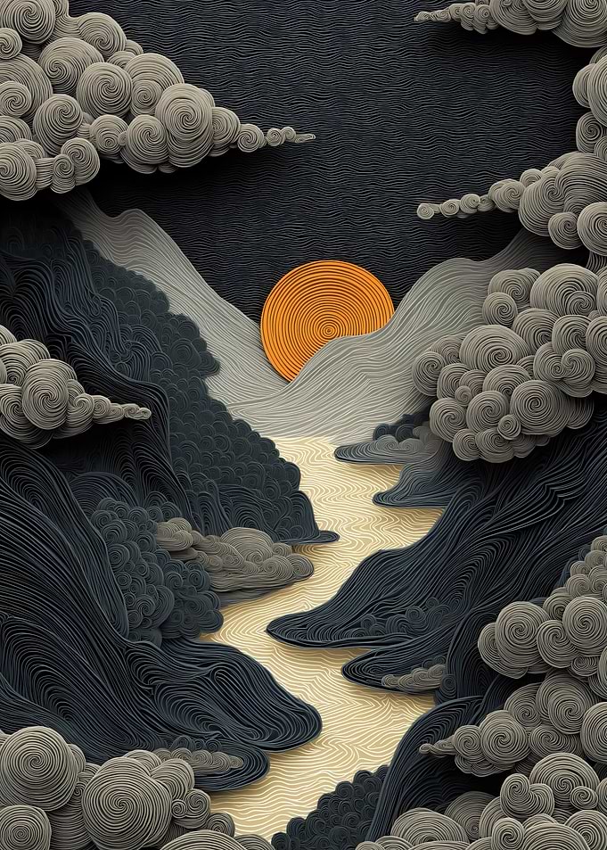 Stylized Mountain River Landscape