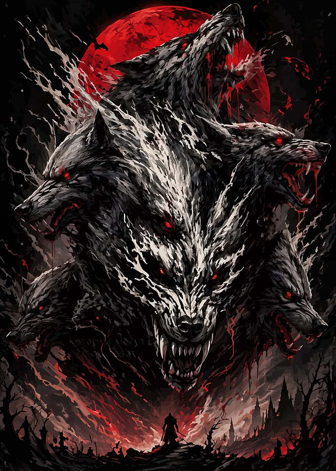 Multi-headed wolf under red moon