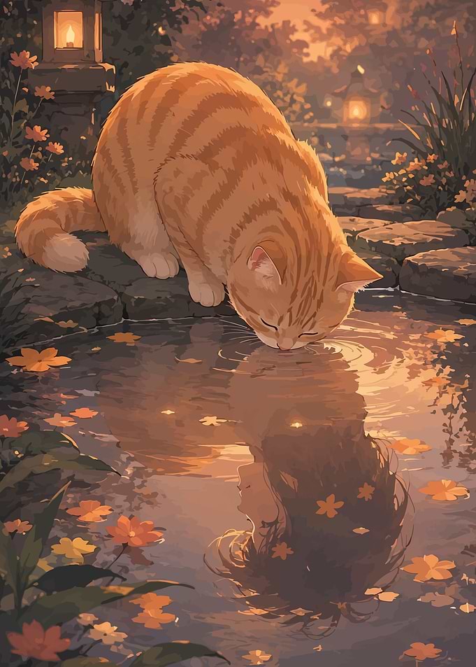 Cat drinking from a pond with reflection