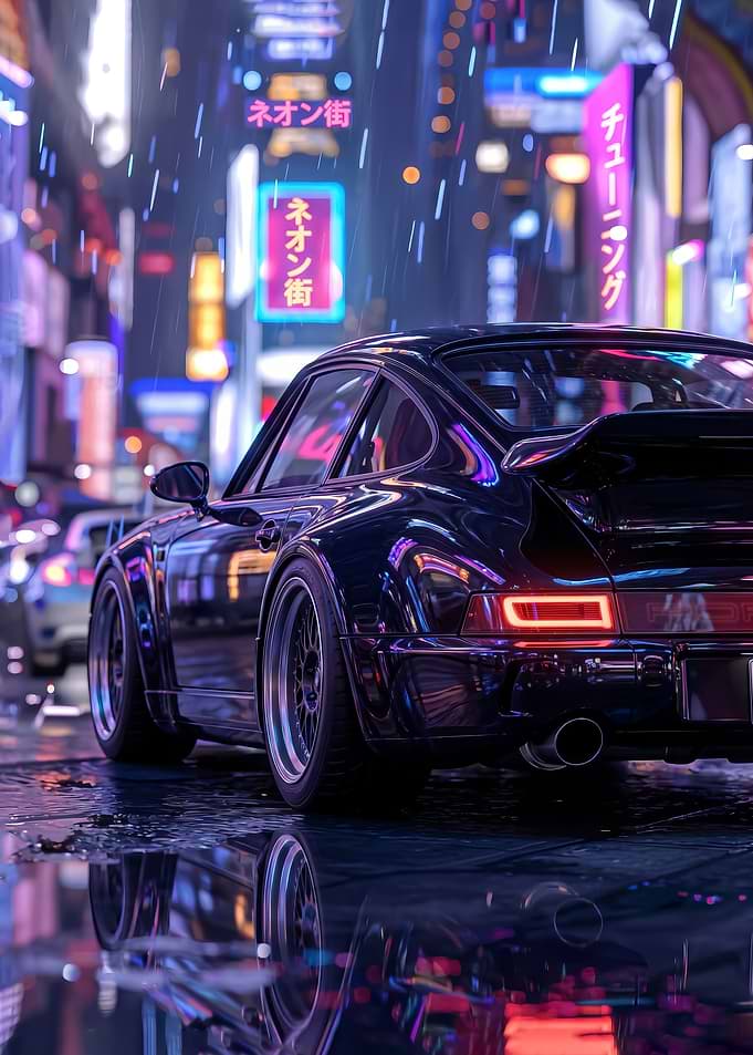 sleek Cyberpunk sport car in Neon City Rain poster