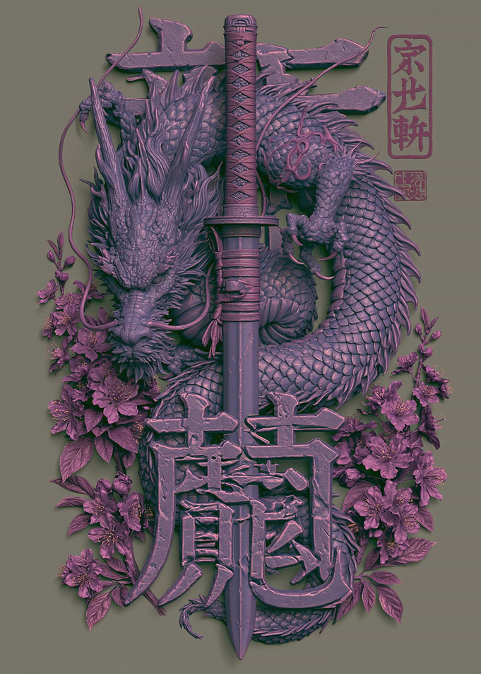 Dragon and Katana with Cherry Blossoms