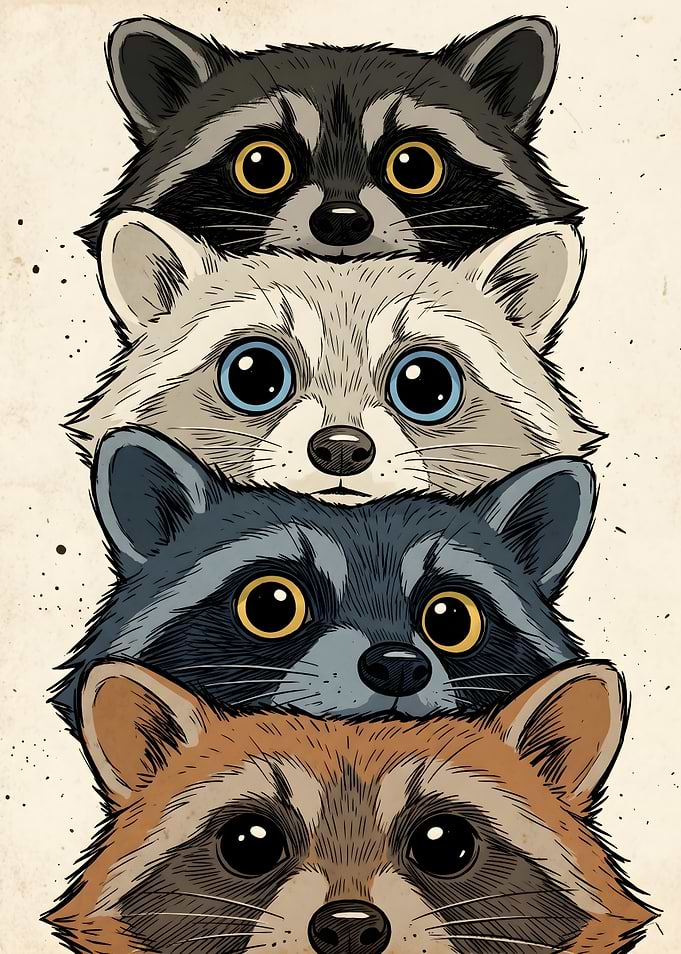 Stack of Cute Raccoons