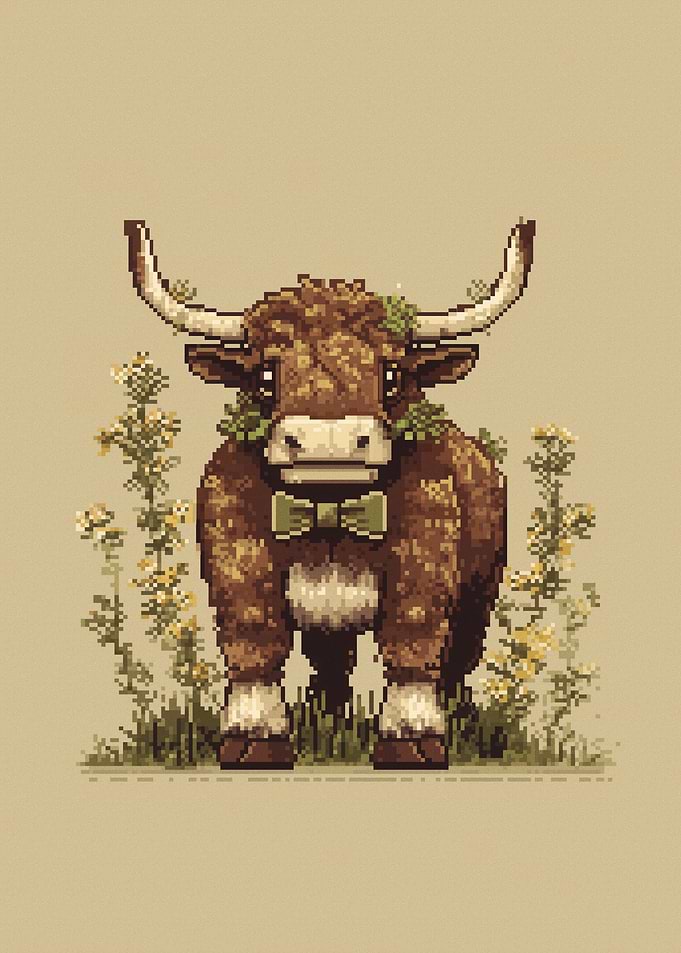 Pixel Art Highland Cow with Bowtie