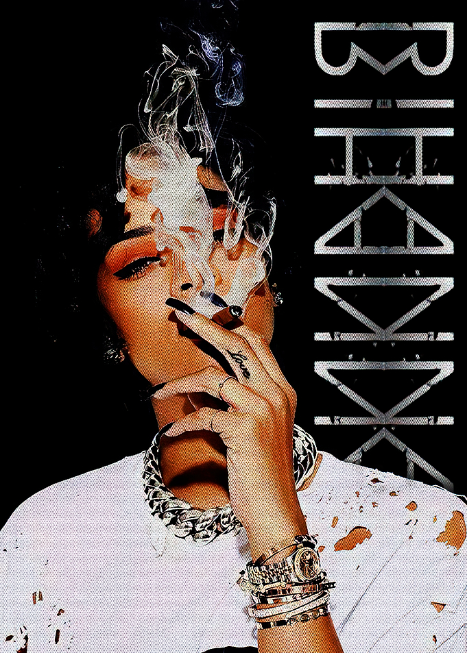 Woman smoking with text