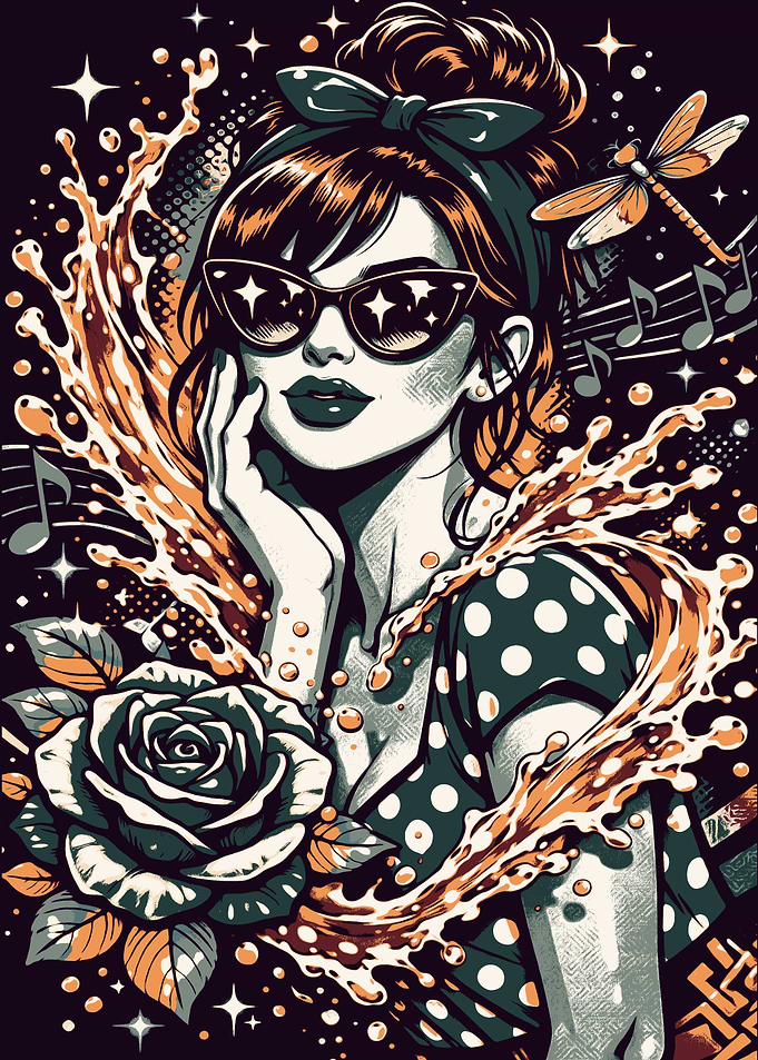 Retro Pin-Up Girl with Sunglasses and Rose