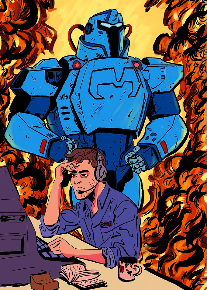 Blue Beetle and worried technician