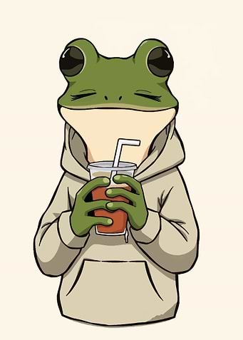 Frog in Hoodie Drinking Beverage