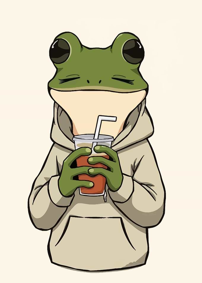 Frog in Hoodie Drinking Beverage