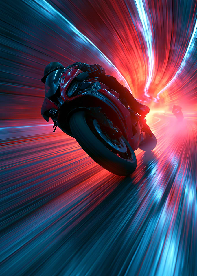 Motorcyclist in a Neon Tunnel