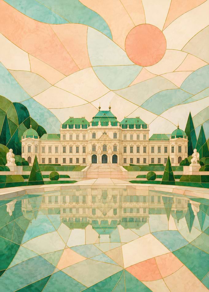 Palace Reflection in Geometric Garden Pond