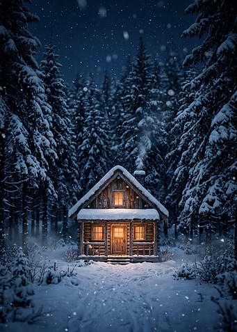 Cozy Cabin in Snowy Forest