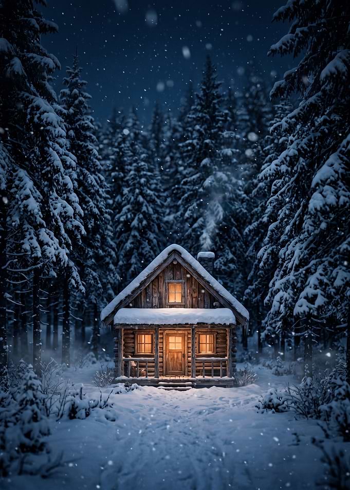 Cozy Cabin in Snowy Forest