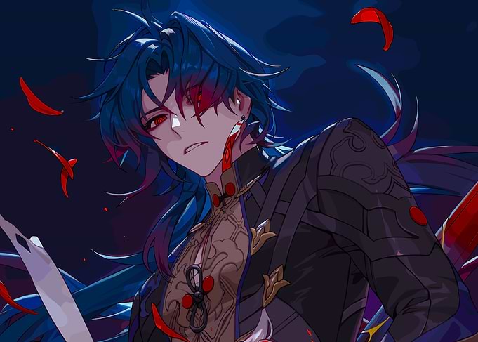 Anime character with blue hair and red eyes