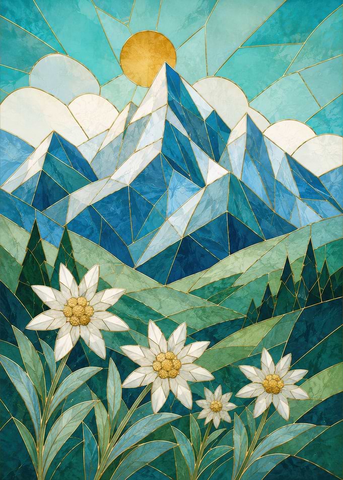 Stained Glass Mountain Landscape with Edelweiss