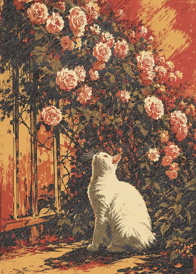 White Cat Gazing at Roses