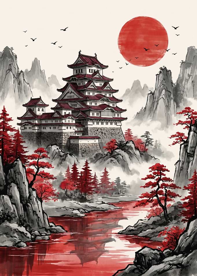 Japanese Castle Under a Red Sun