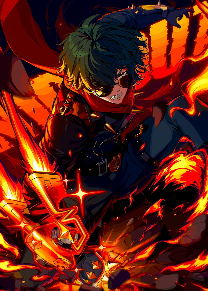 Fiery Anime Character with Gun