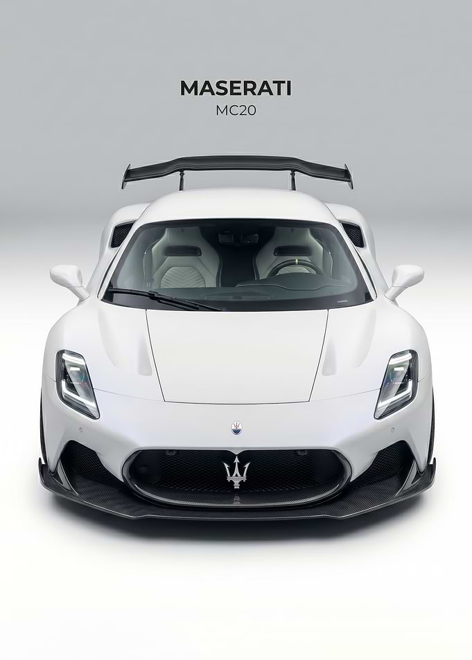 sleek white Maserati MC20 Front View car poster