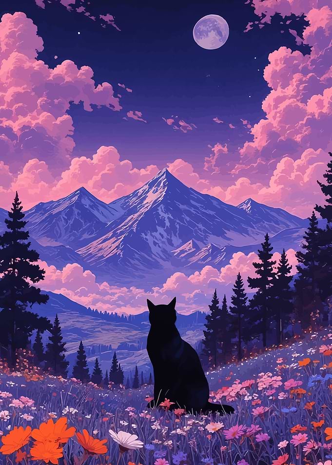 Cat Gazing at Mountain Landscape