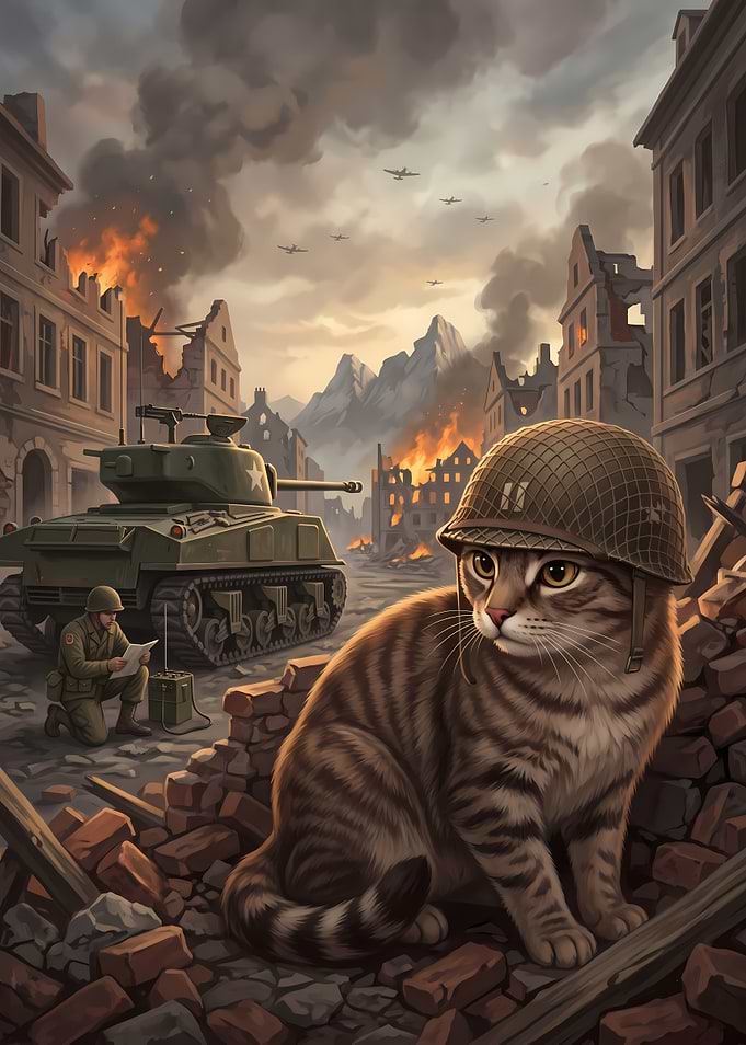 Cat in Military Helmet Amidst War Scene