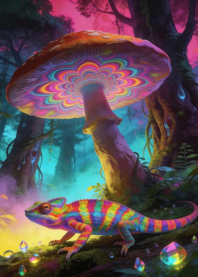 Psychedelic Chameleon and Mushroom