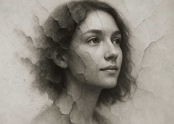 Charcoal Portrait Woman - Cracked Wall Dark Academia Art