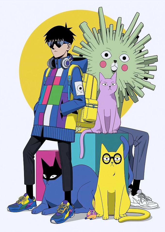 Anime character with cats and creature