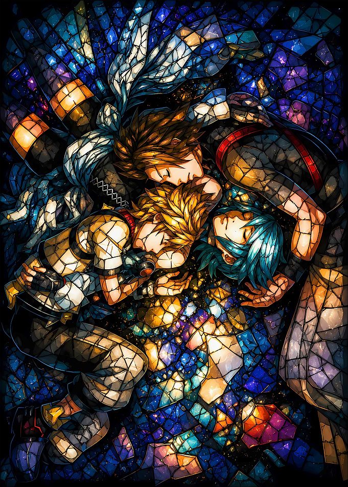 Kingdom Hearts characters in stained glass style